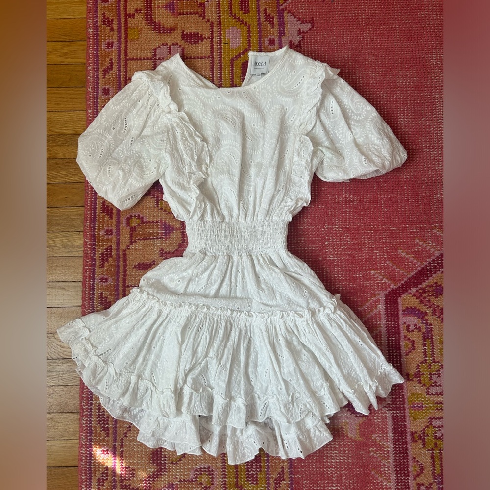 White embroidered smocked-waist dress, great condition, size XS